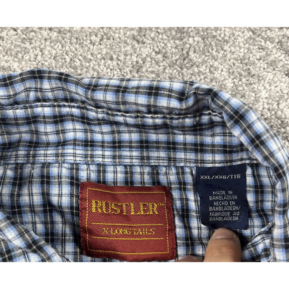 Rustler Western Shirt Mens XXL Pearl Snap X Long Tails Plaid Blue Black - Picture 3 of 10